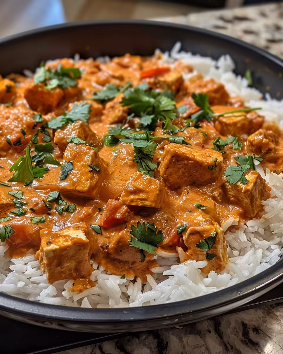 Vegan butter chicken with tofu simmering in pressure cooker