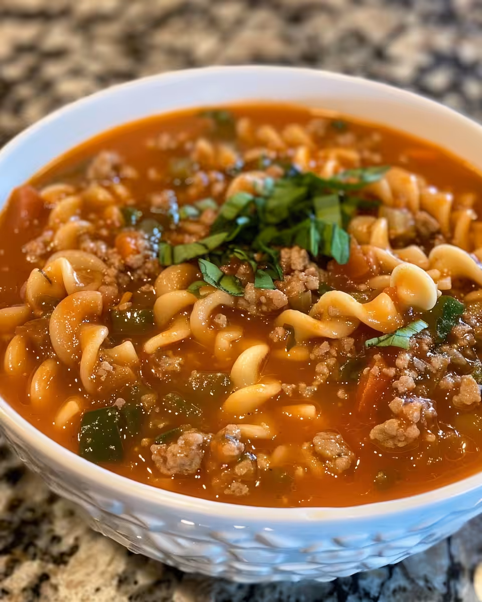 Served bowls of creamy lasagna soup garnished with fresh basil and cheeses