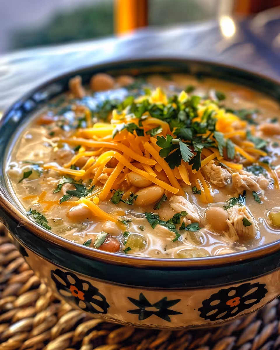 Served bowl of white chicken chili topped with sour cream and jalapeños