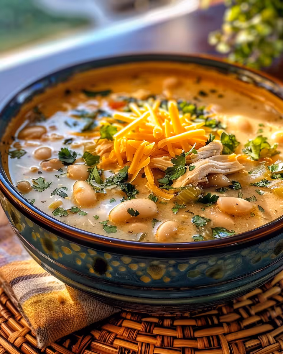 White chicken chili simmering in a pressure cooker with bubbling steam