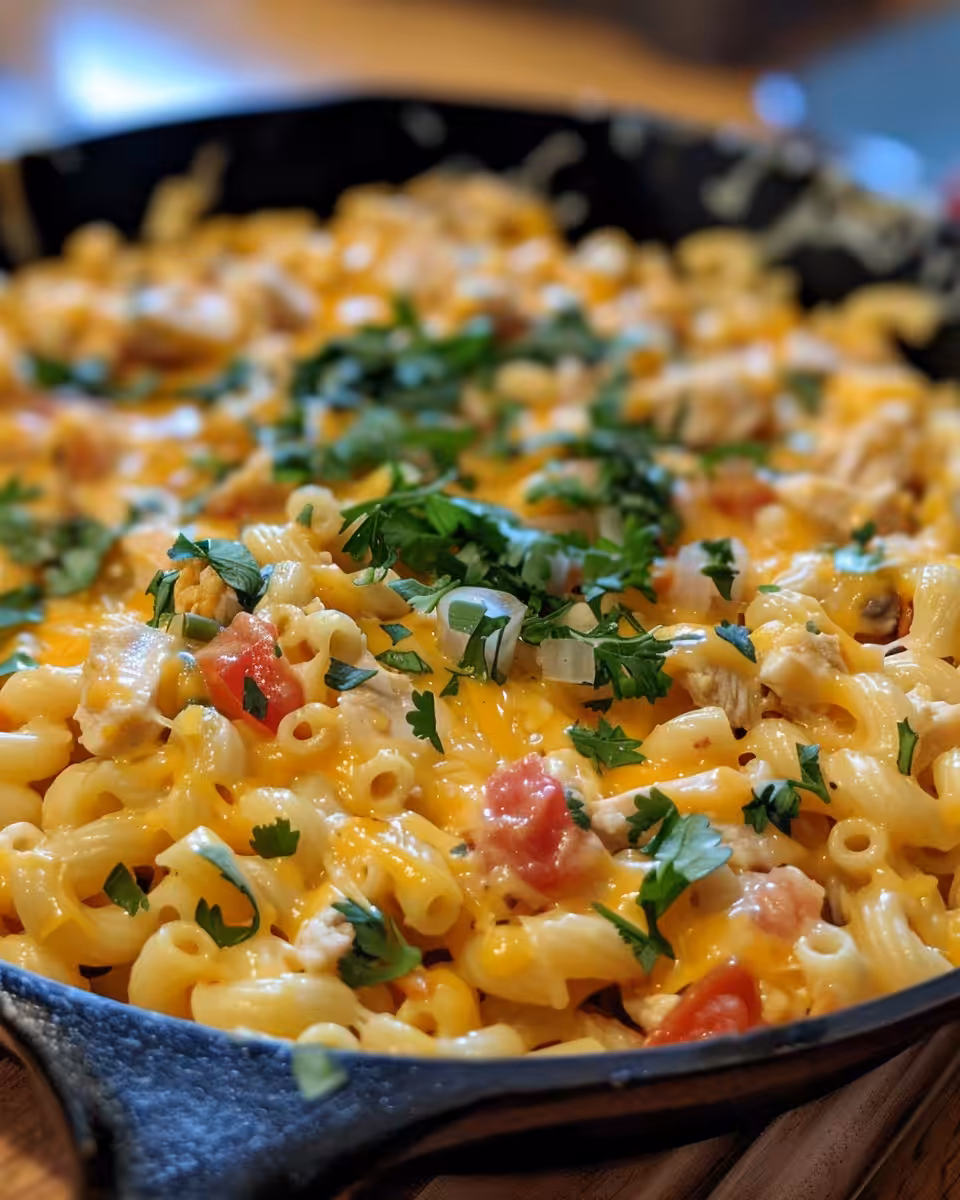 Serving of One Pot White Chicken Chili Mac And Cheese garnished with cilantro