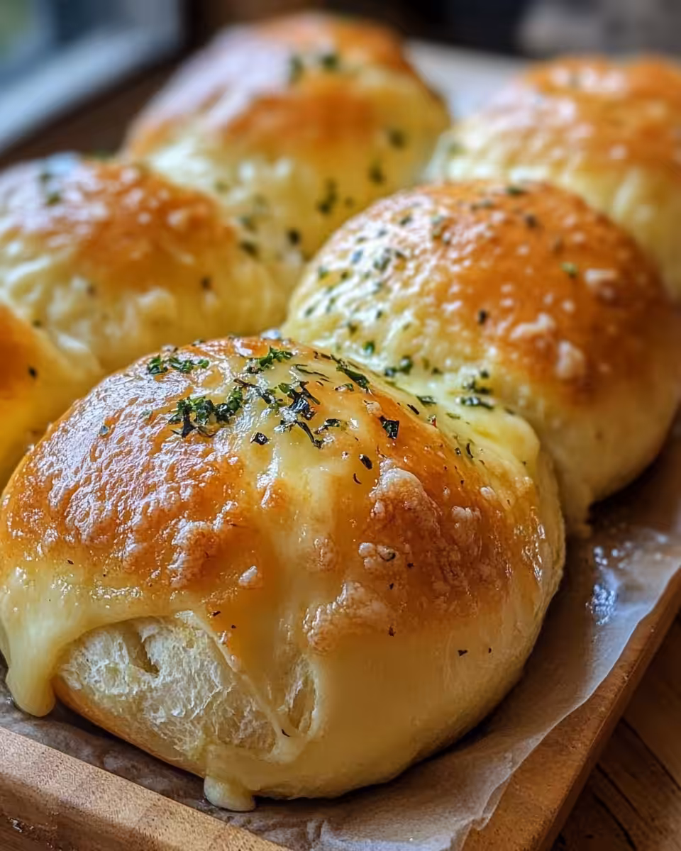 Golden finished garlic bread showing cheesy melted crust and tender inside