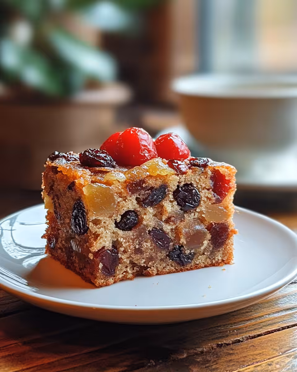 Slice of moist three ingredient fruit cake ready to eat