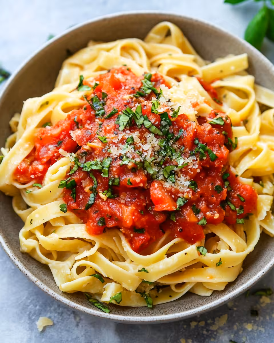 Finished Italian pasta sauce served with grated Parmesan on top