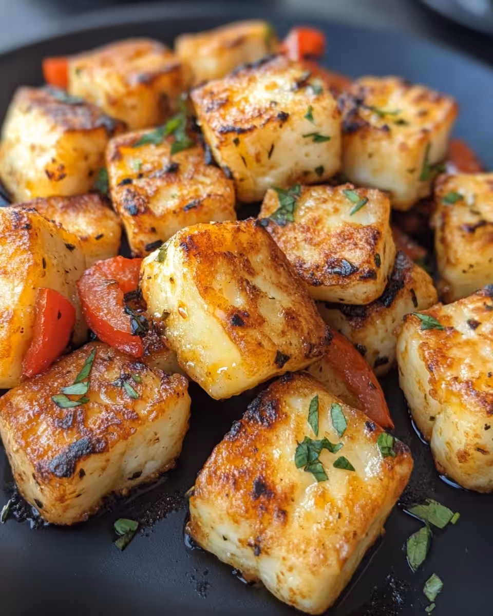 Golden crispy air fryer halloumi bites ready to serve