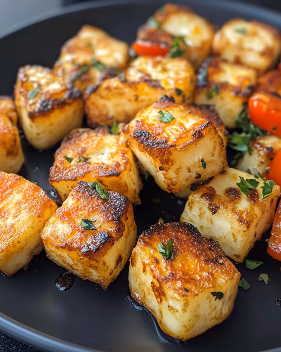 Close up of crispy air fryer halloumi cheese bites ready to eat
