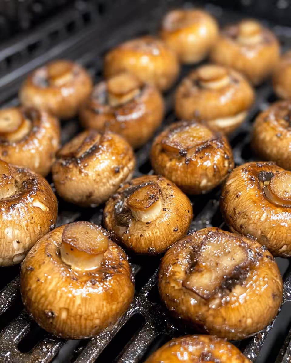 Ingredients for air fryer mushrooms including mushrooms, balsamic vinegar, olive oil
