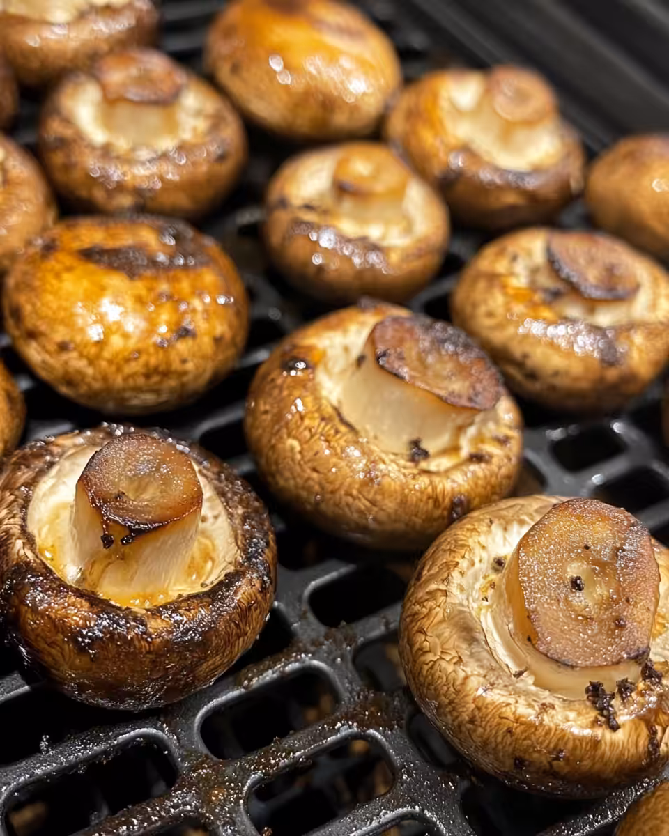 Air fryer cooked mushrooms served on plate garnished with herbs