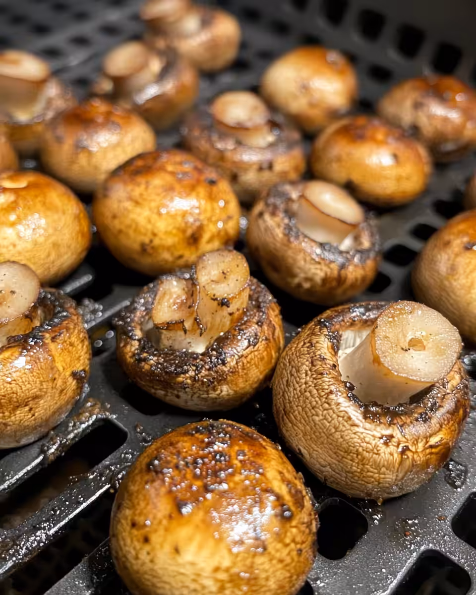 Air fryer mushrooms cooking in basket with sizzling aroma