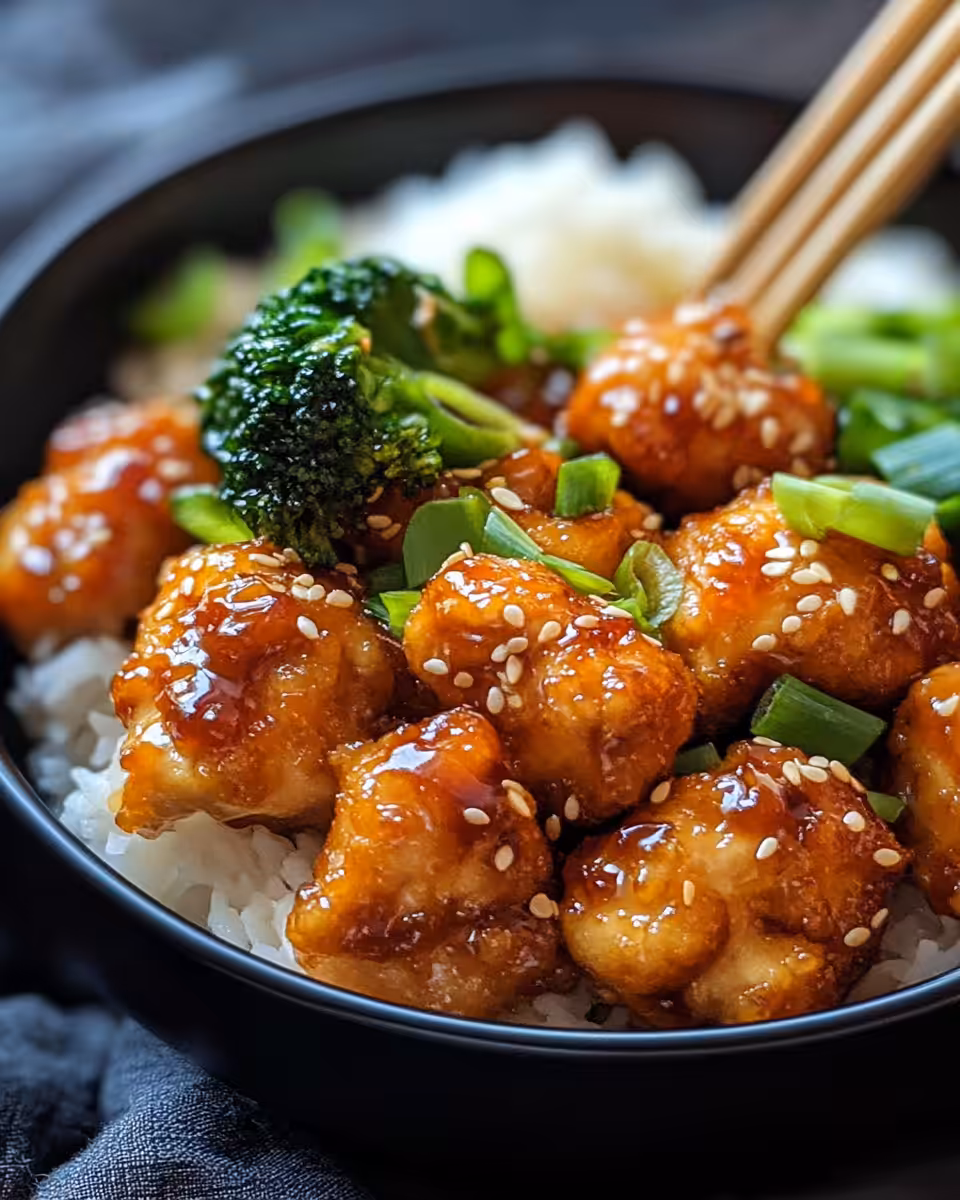 Served honey garlic chicken thighs garnished with sesame seeds and fresh parsley