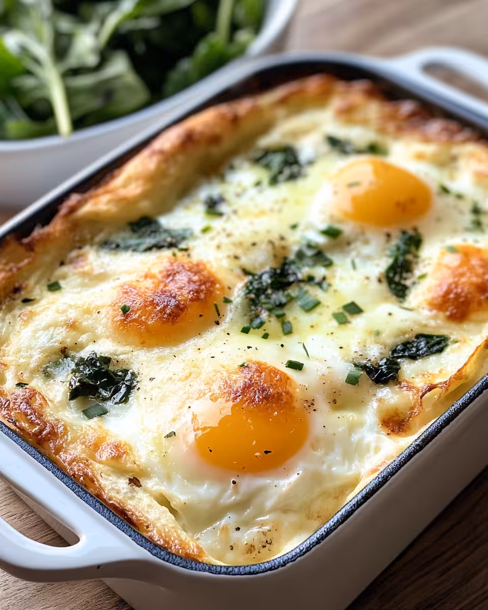 Close up of Baked Eggs Napoleon with fresh chives garnish