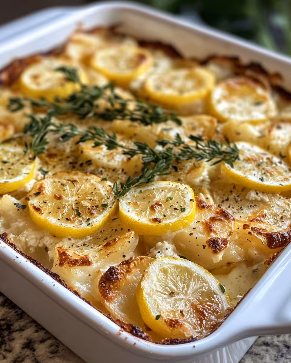 Serving of finished baked feta lemon potatoes being enjoyed
