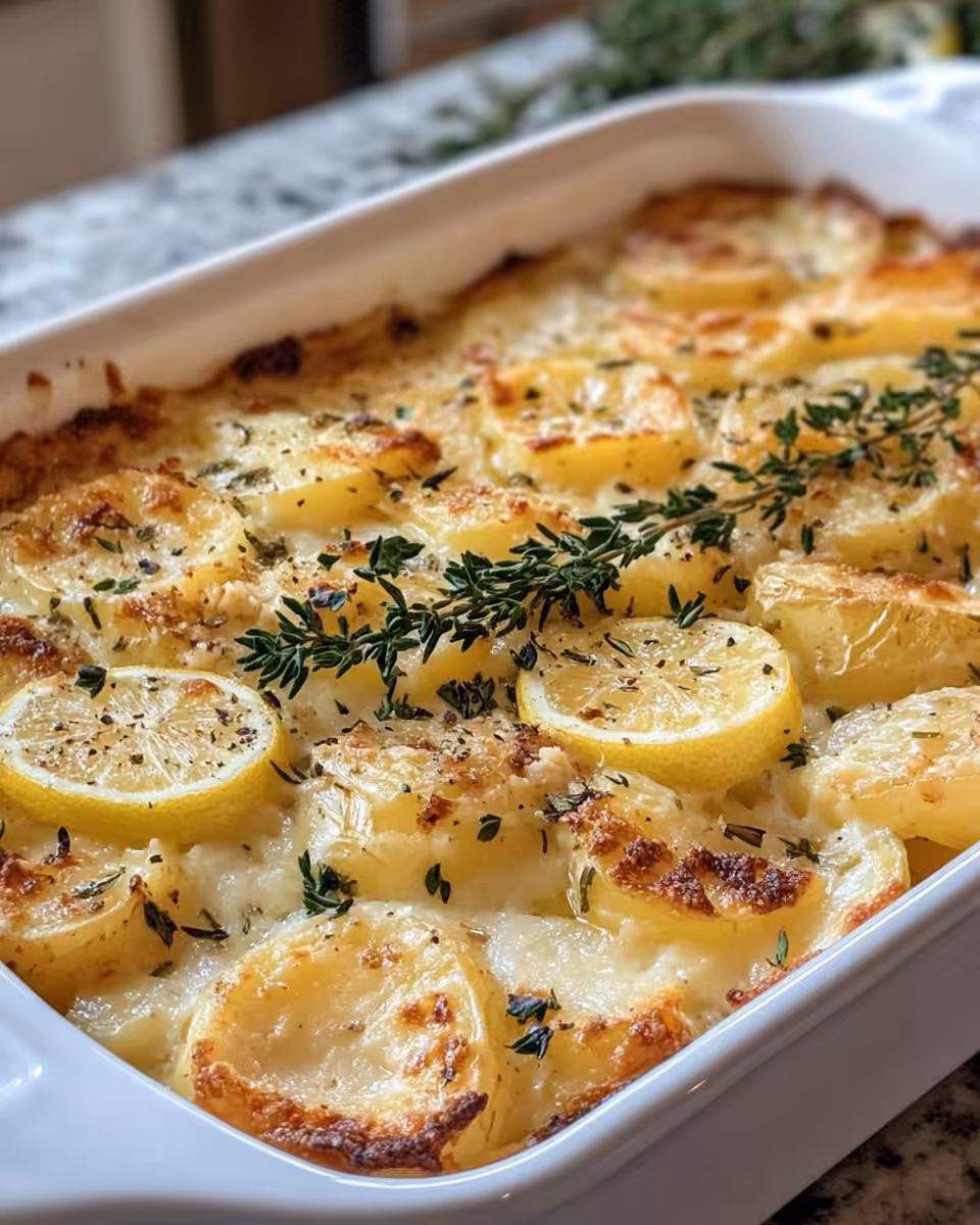Close up view of crispy baked feta potatoes with lemon in a bowl