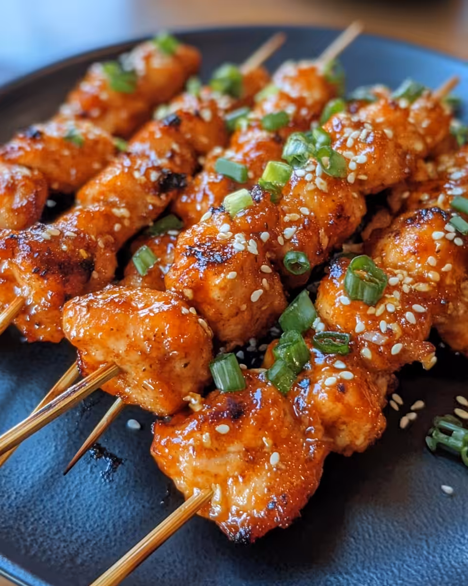 Finished Bang Bang Chicken skewers served on a plate