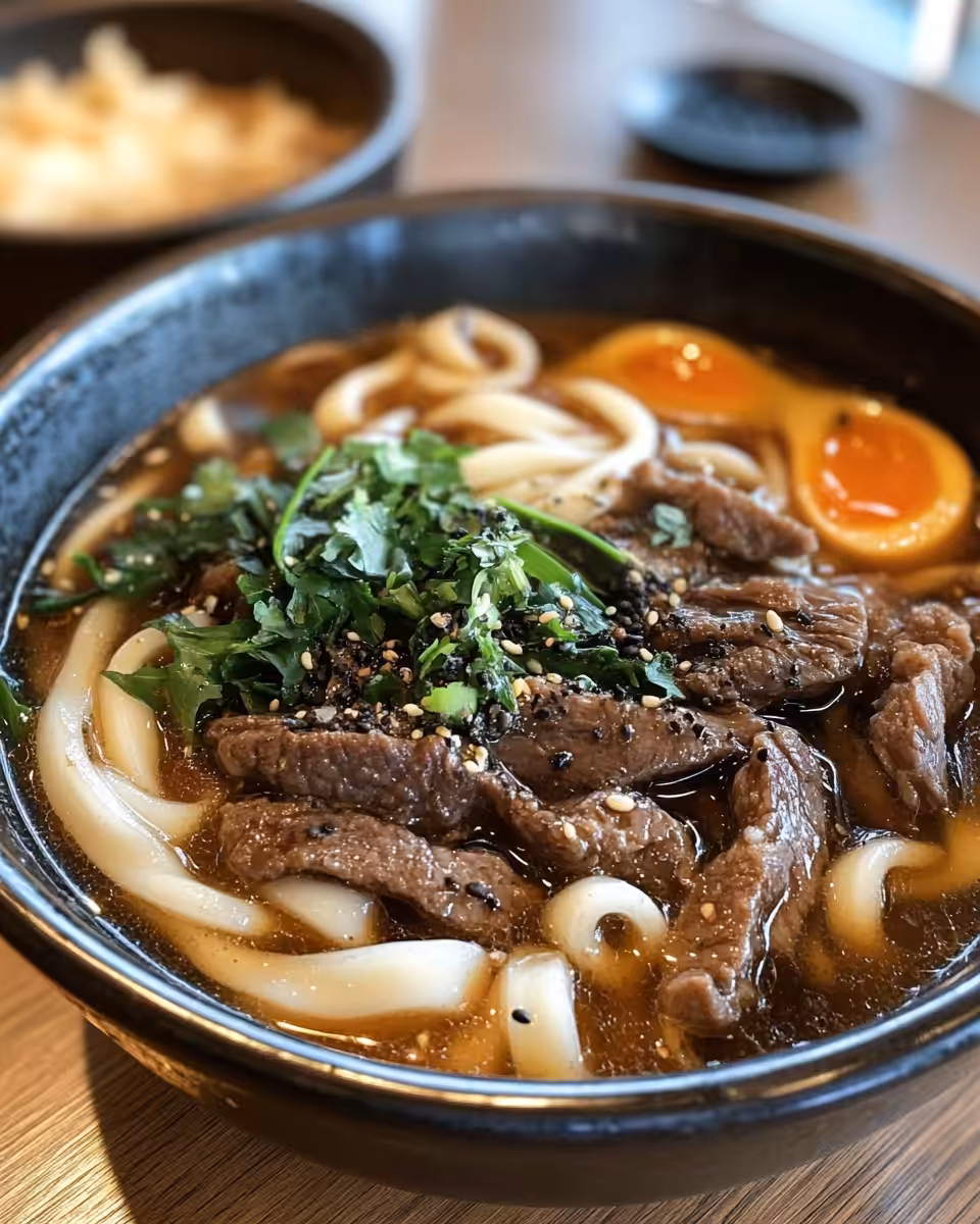 Ingredients and sauce preparation for beef black pepper udon noodles