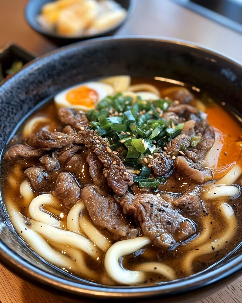 Plated beef black pepper udon noodles garnished with scallions