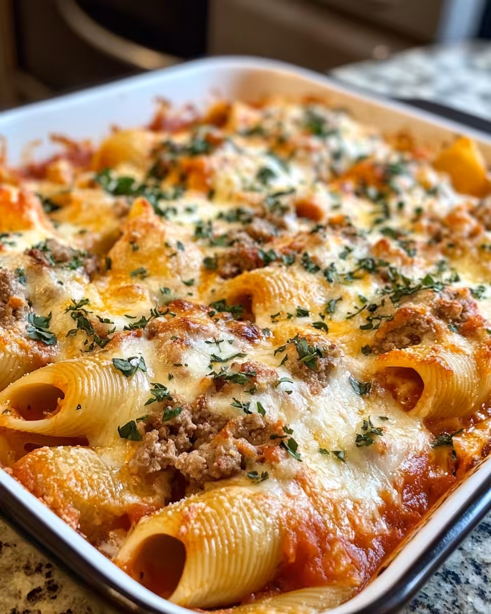 Golden melted mozzarella topping on baked stuffed shells served warm