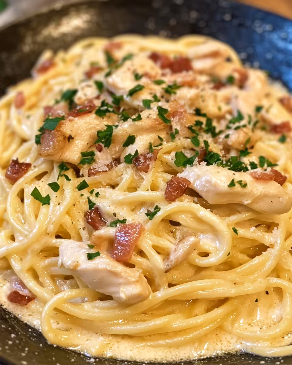 Ingredients including chicken, bacon, pasta, garlic, basil, eggs and cheese