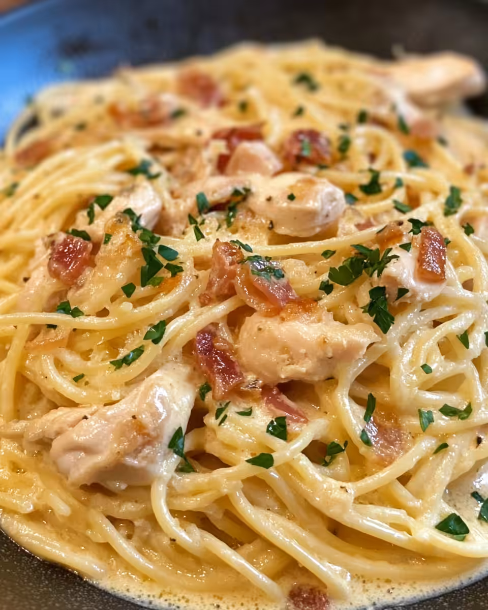 Serving plate of finished chicken carbonara with fresh basil and cheese
