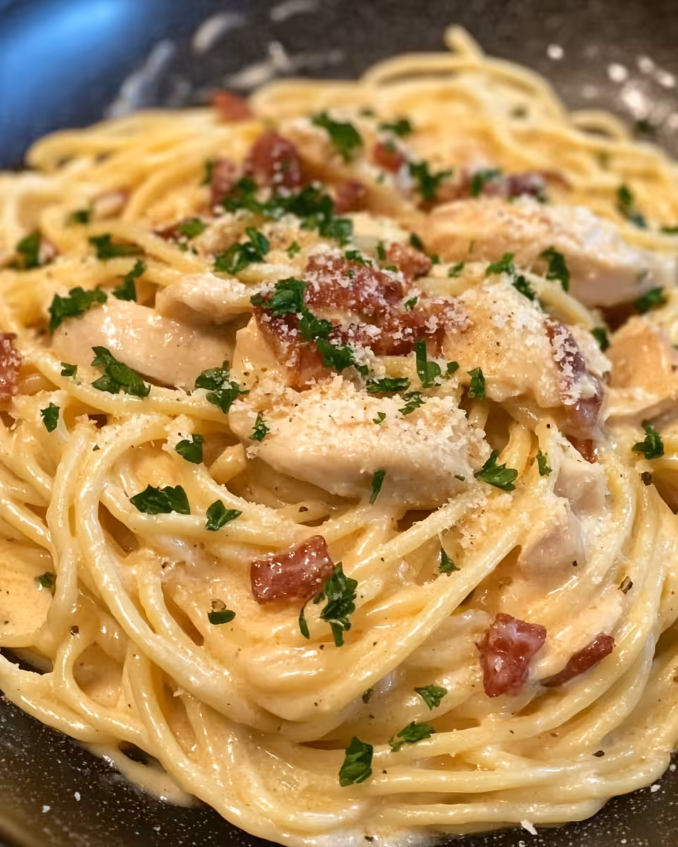 Creamy chicken carbonara cooking in pressure cooker with smoky bacon aroma