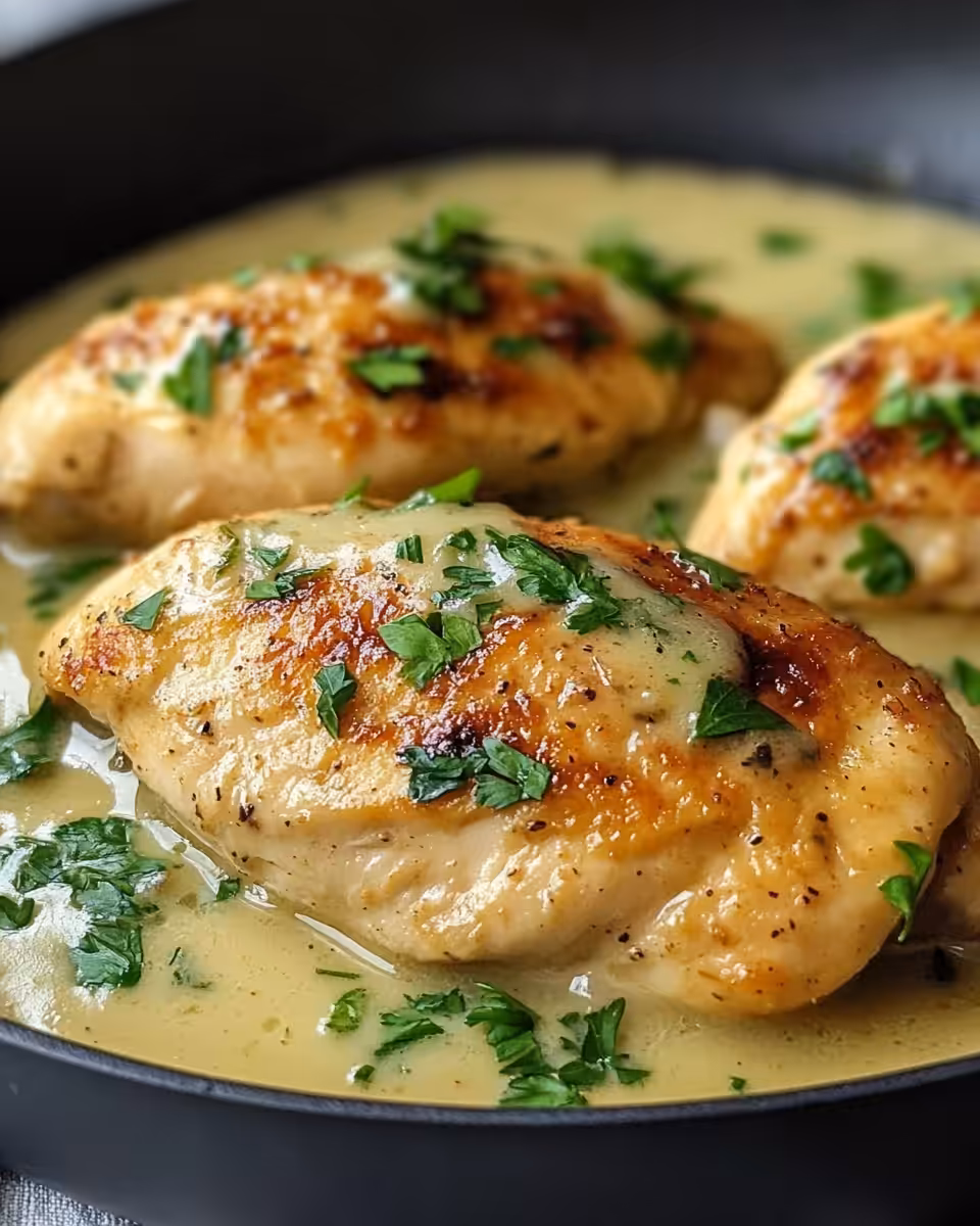 Golden cooked chicken in white wine sauce with fresh parsley garnish