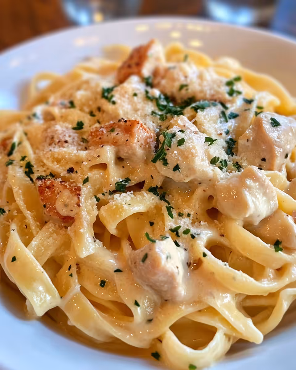 Plate of finished Marry Me Chicken Pasta garnished with basil and parmesan