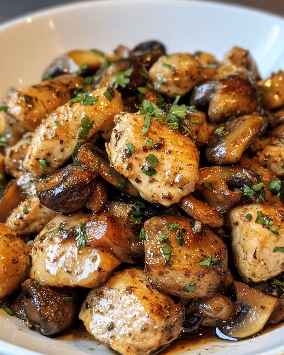 Stir-frying sliced chicken with shiitake mushrooms and onions