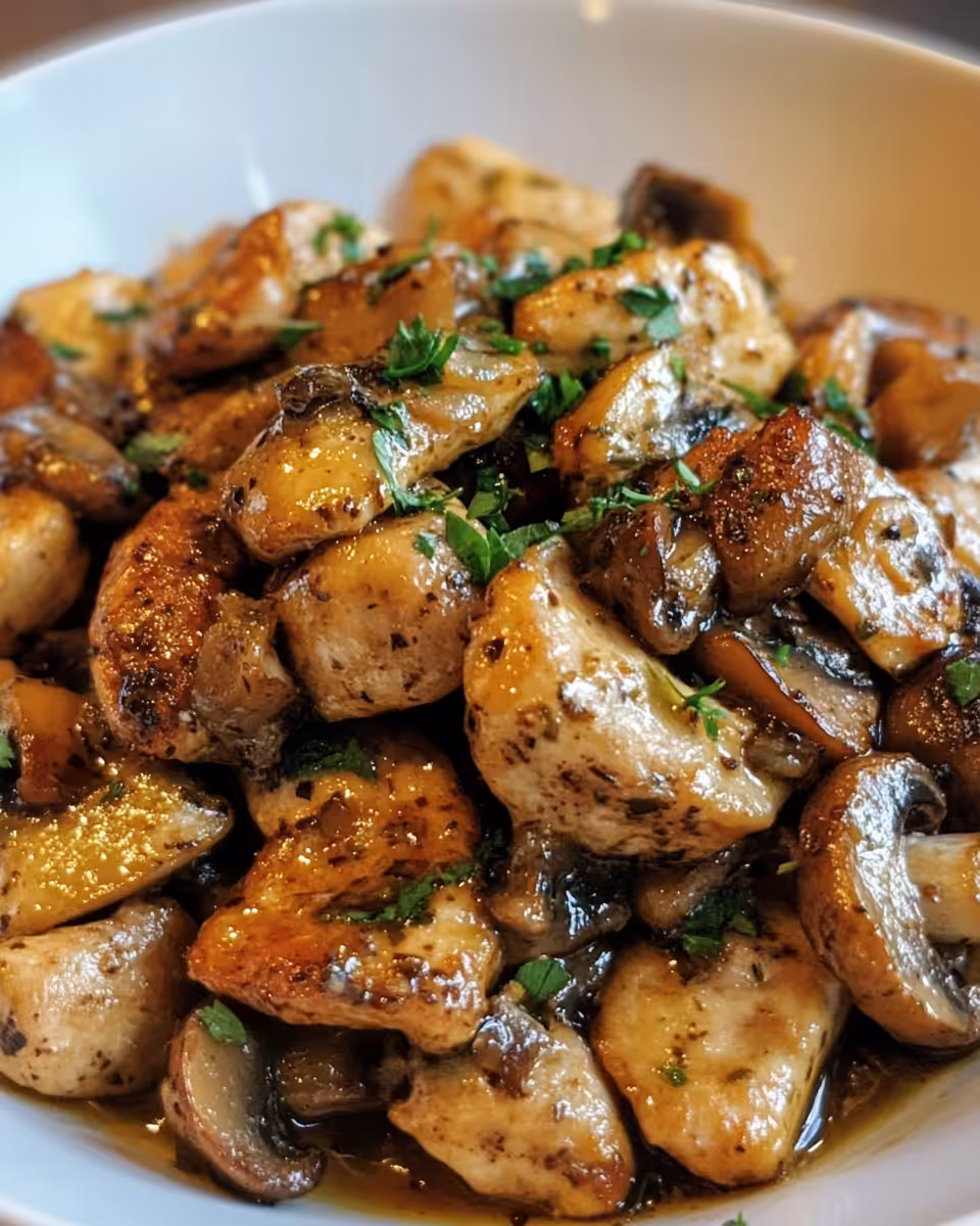 Pressure cooked black pepper chicken and mushrooms plated and served