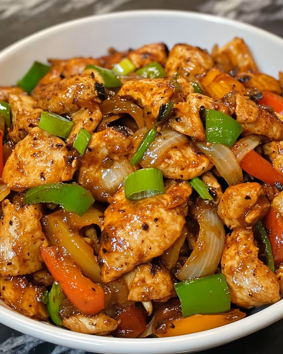 Fresh ingredients including ginger, garlic, green onions and bell peppers for chicken stir fry