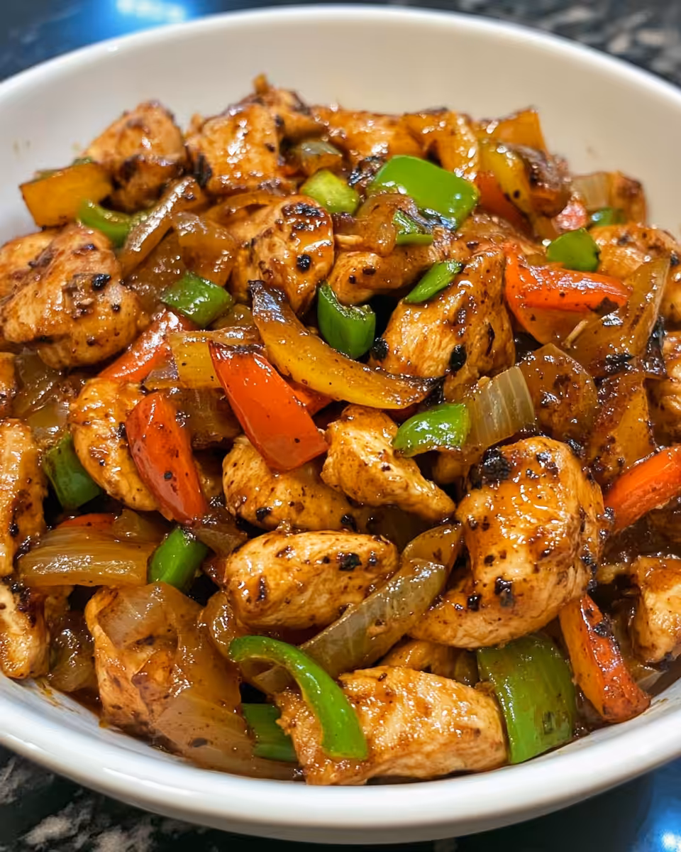 Plated black pepper chicken stir fry garnished with green onions