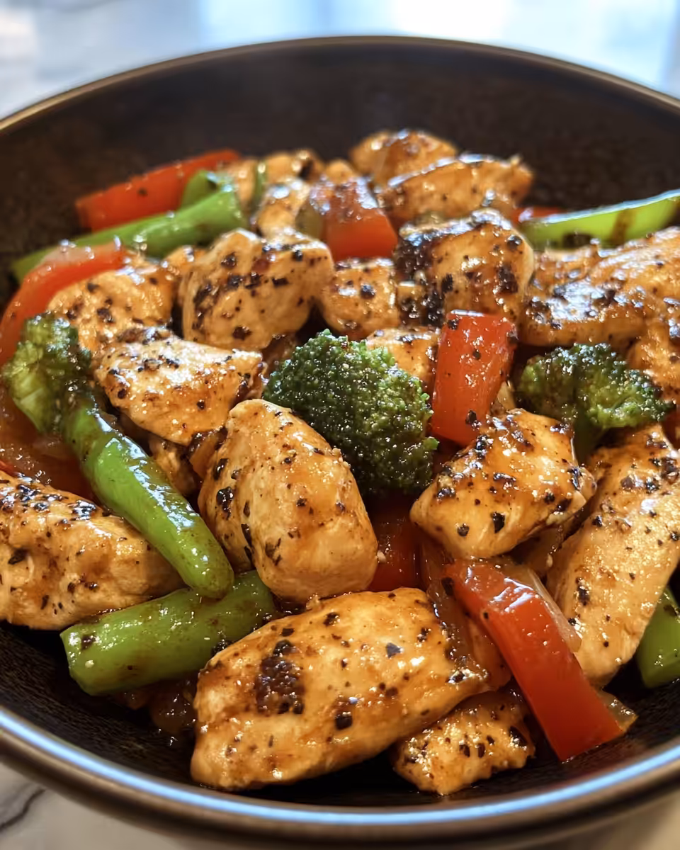 Serving of black pepper chicken with sauce and bell peppers