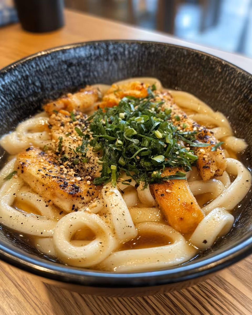 Ingredients for black pepper beef udon noodles arranged on a kitchen counter
