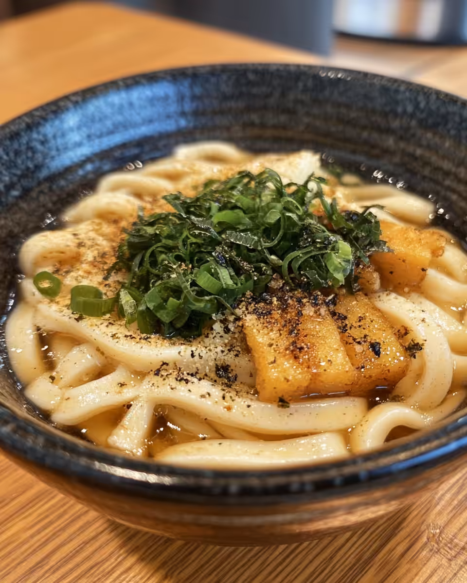Served black pepper beef udon noodles in a bowl garnished with greens