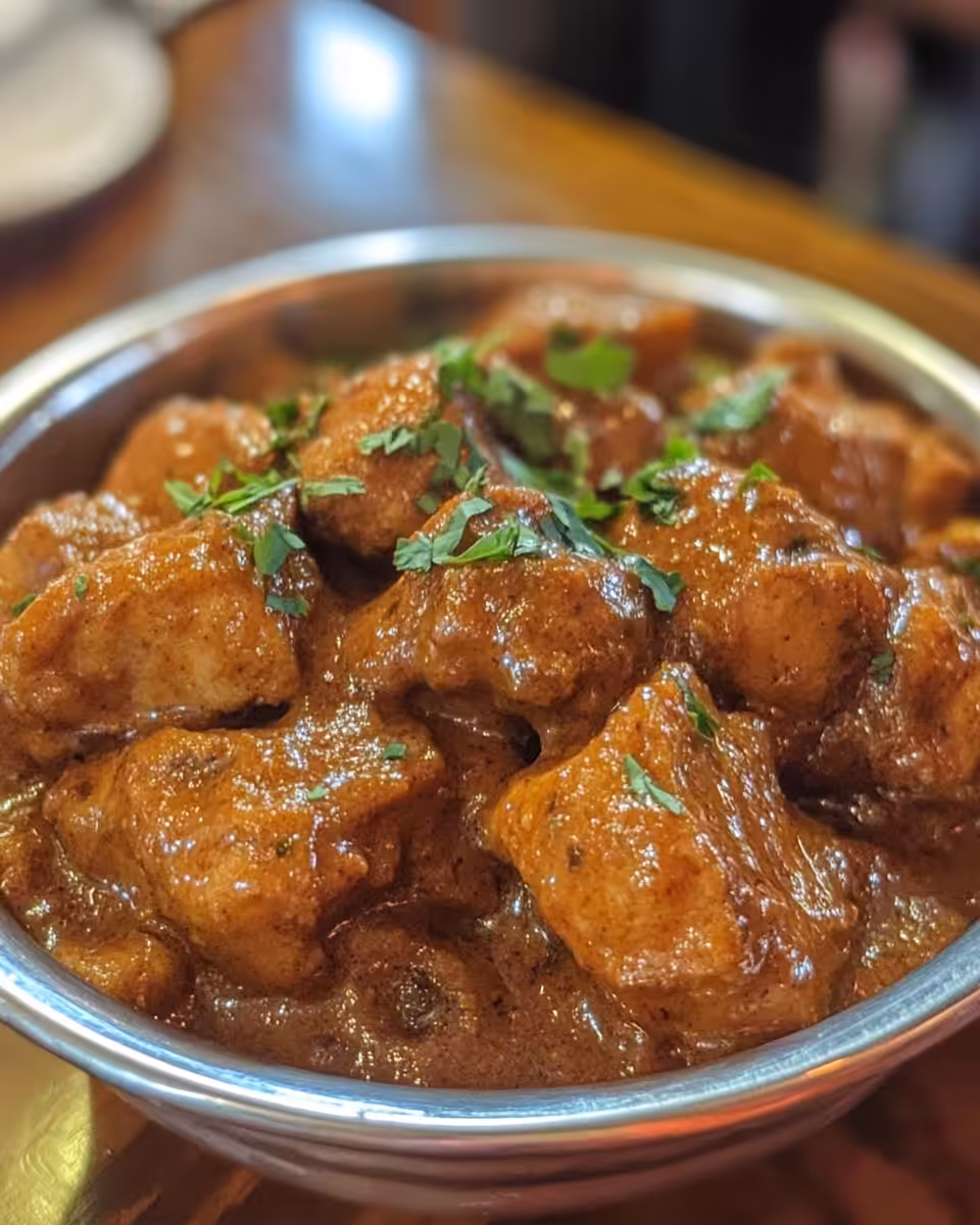 Golden cooked boneless chicken handi ready to serve with herbs