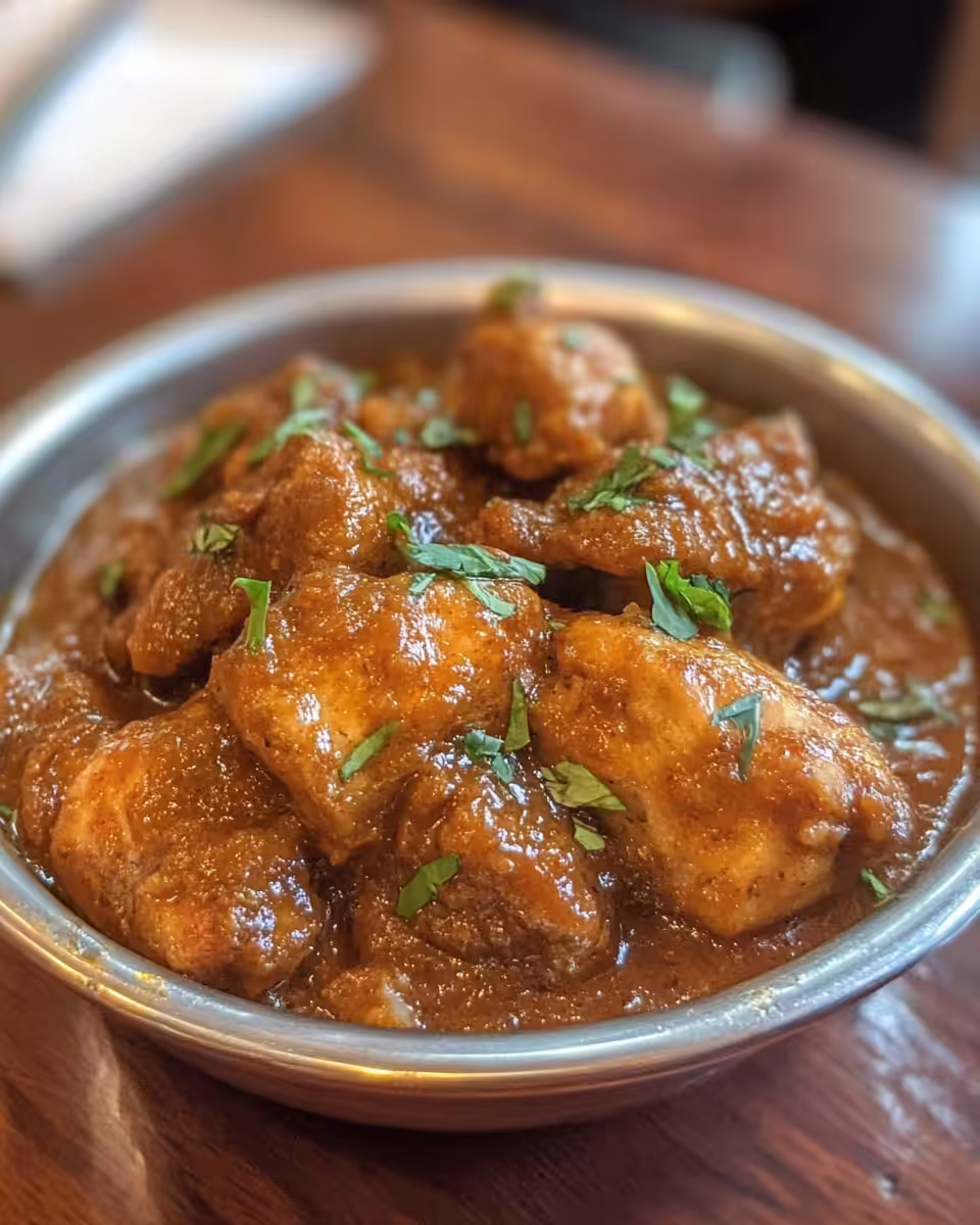 Close up of boneless chicken handi cooking in pressure cooker with creamy sauce