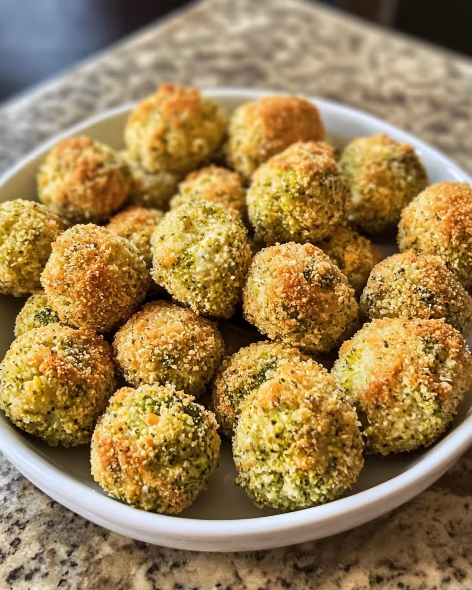 Crispy golden broccoli cheese balls served on a plate ready to eat