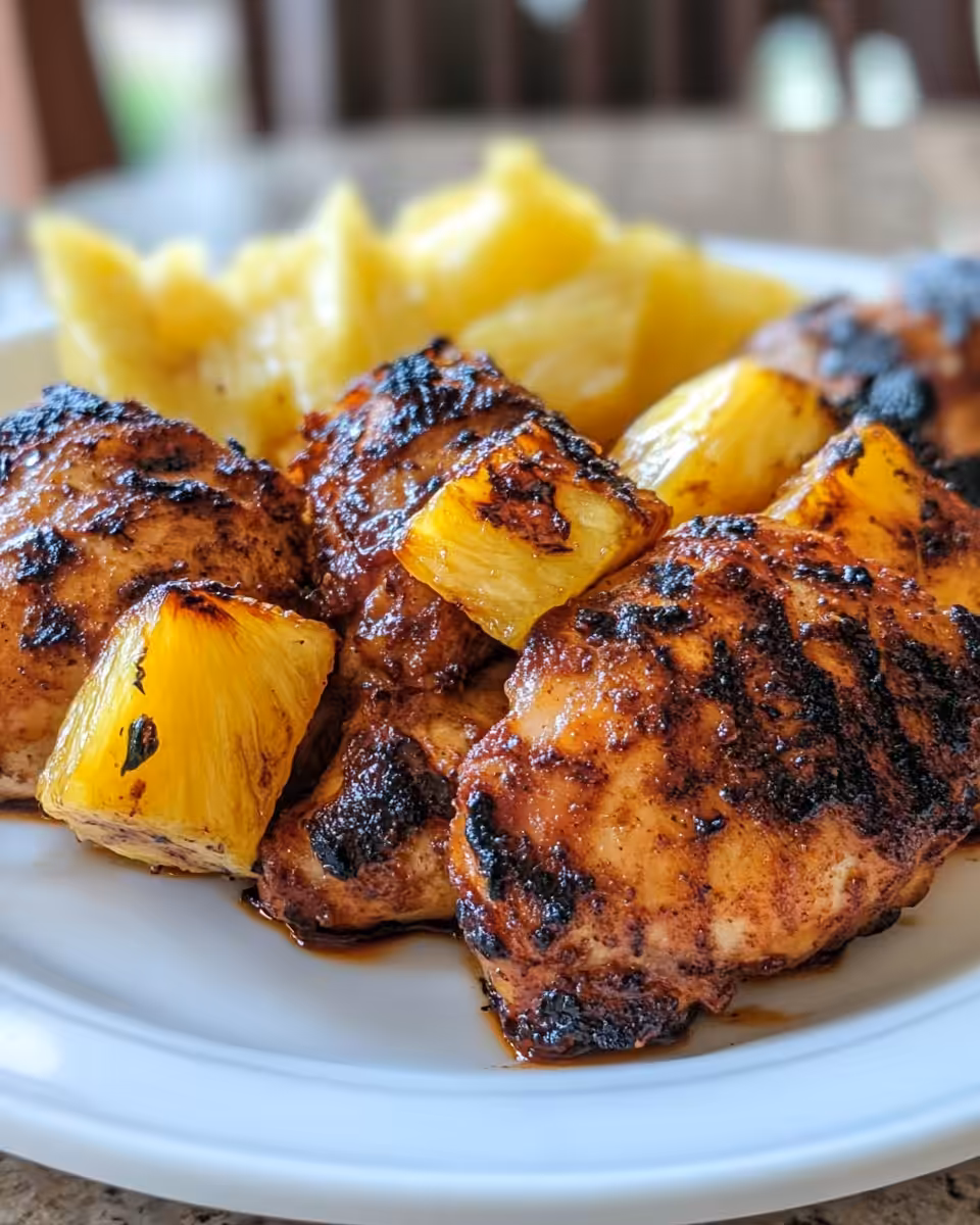 Serving of Brown Sugar Pineapple Chicken plated with lime and garnish