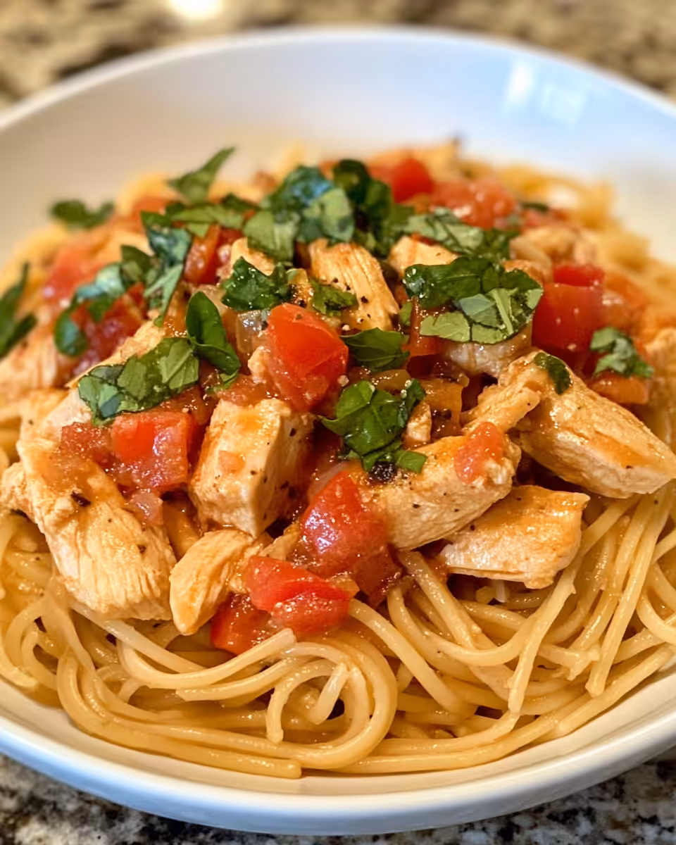 Ingredients for bruschetta chicken pasta mixed in bowl