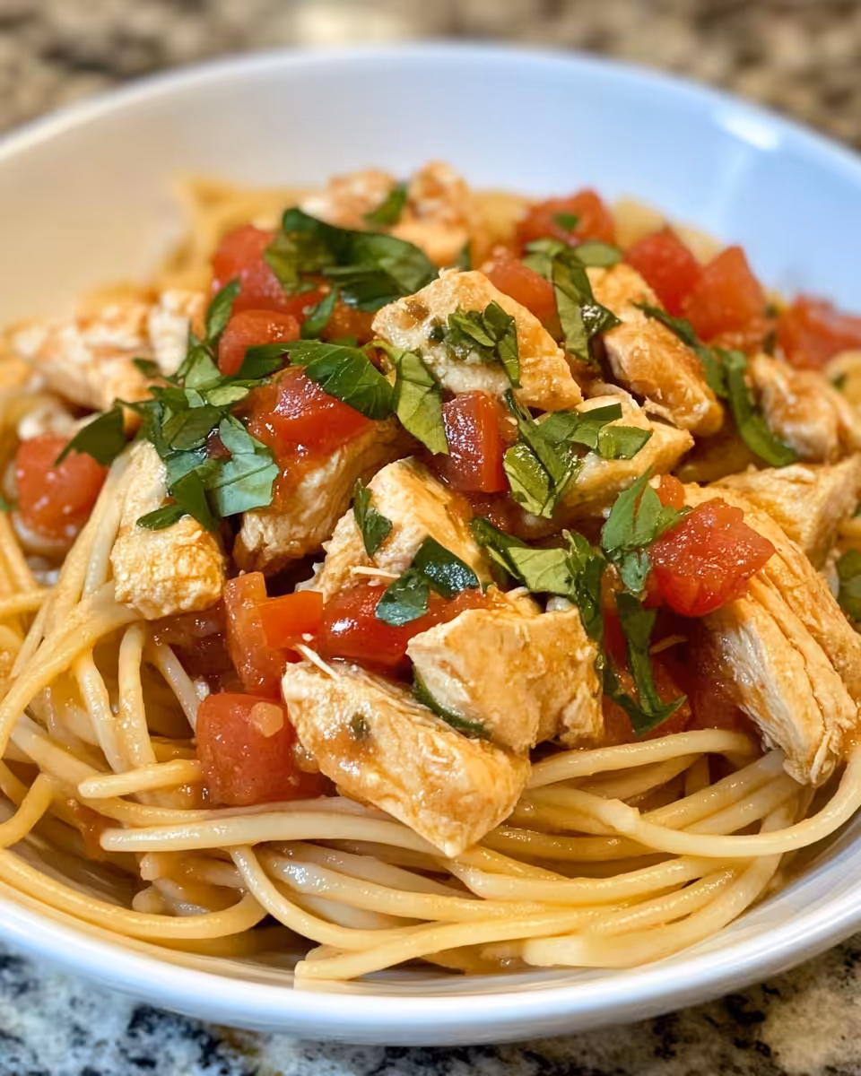 Close up of served bruschetta chicken pasta on plate