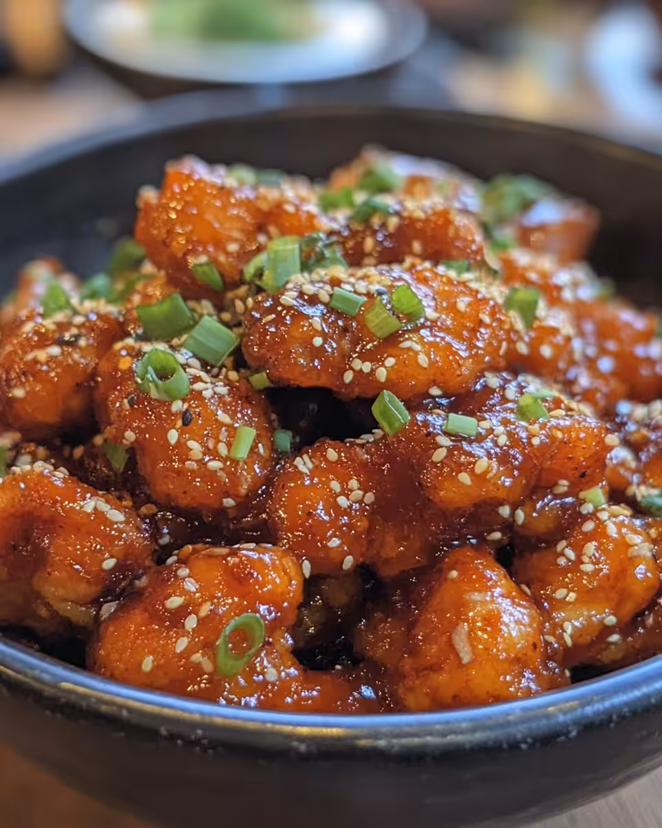 Close-up of finished cheesy buldak in a serving dish