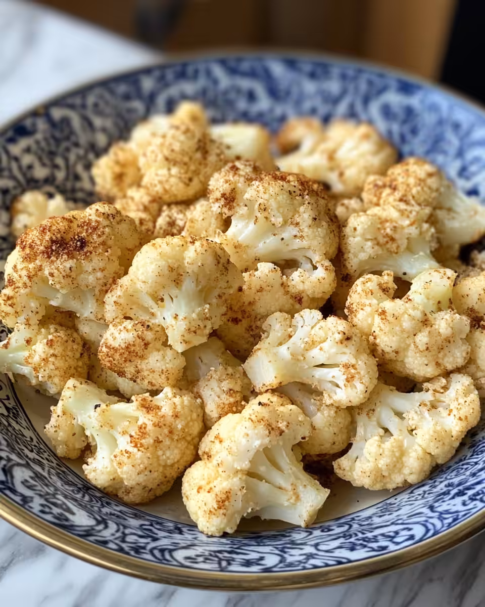 Roasted cauliflower florets on baking sheet with golden edges