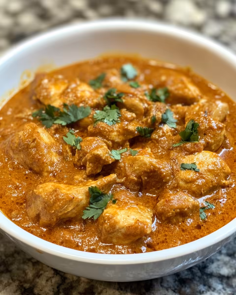 Served butter chicken with naan bread and fresh cilantro garnish