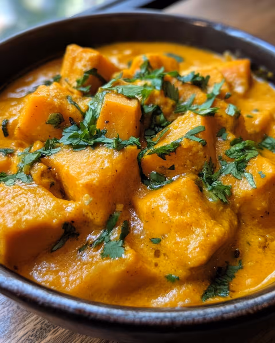 Ingredients and process of butter chicken pumpkin curry preparation in skillet