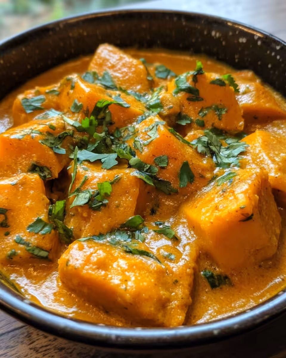 Final plated butter chicken pumpkin curry garnished with sesame seeds and cilantro