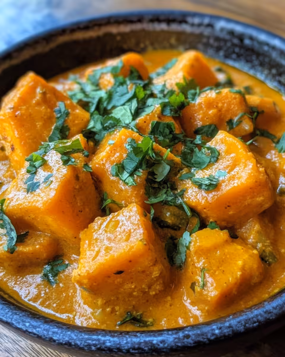 Pressure cooker with butter chicken pumpkin curry inside, steam rising