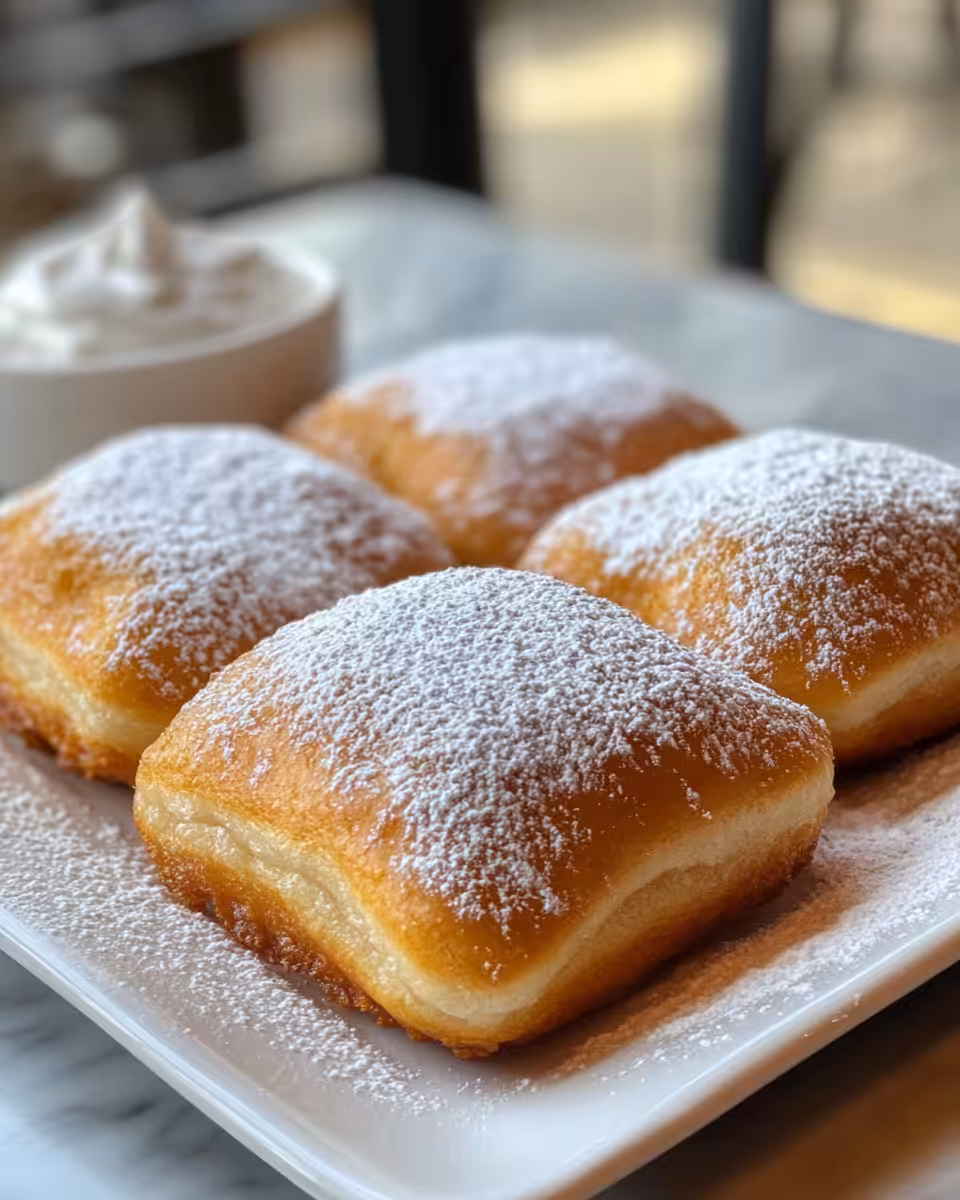 Golden brown buttermilk beignets served with powdered sugar