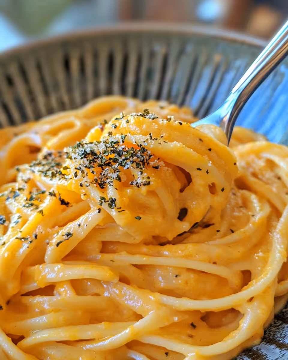 Creamy butternut squash pasta sauce served on a plate with pasta
