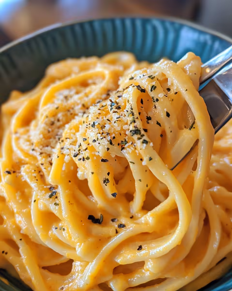 A bowl of creamy butternut squash pasta sauce in a kitchen setting