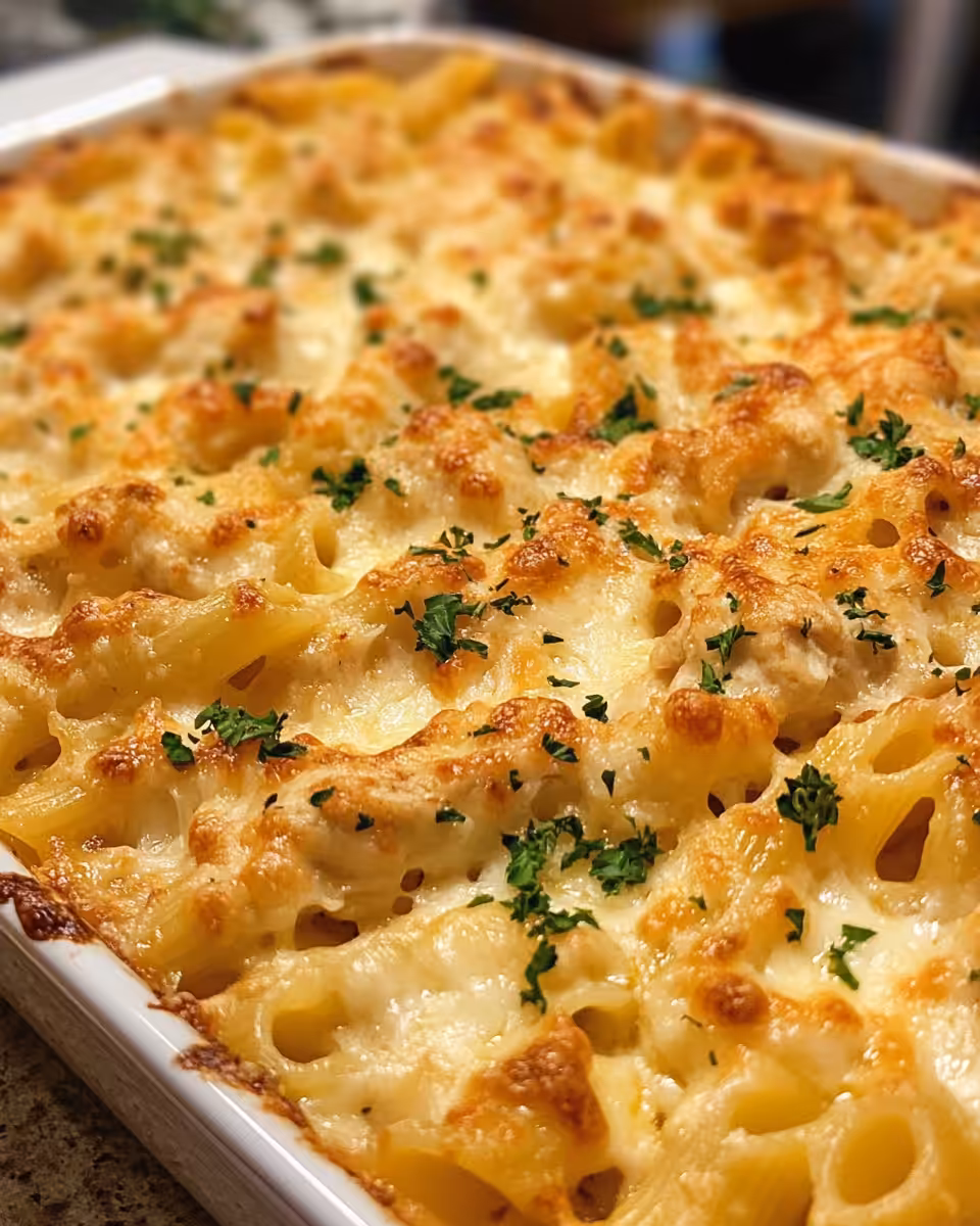 Baked Cajun cream cheese chicken pasta with bubbly cheese crust ready to serve