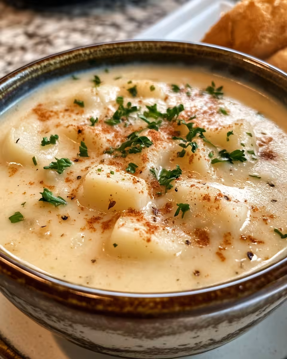 Finished creamy Cajun potato soup served hot with garnishes